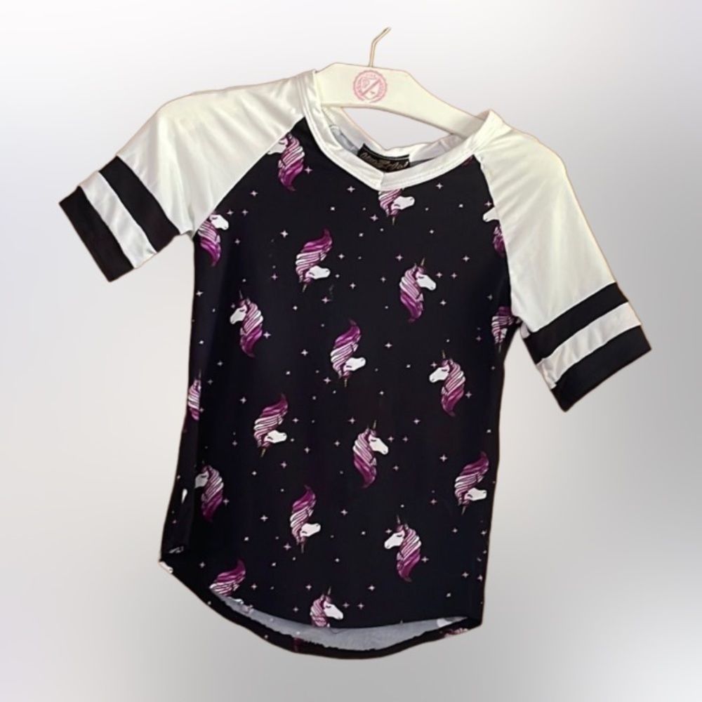 •GLITTER GIRL• size 7/8 black/purple unicorn baseball tee